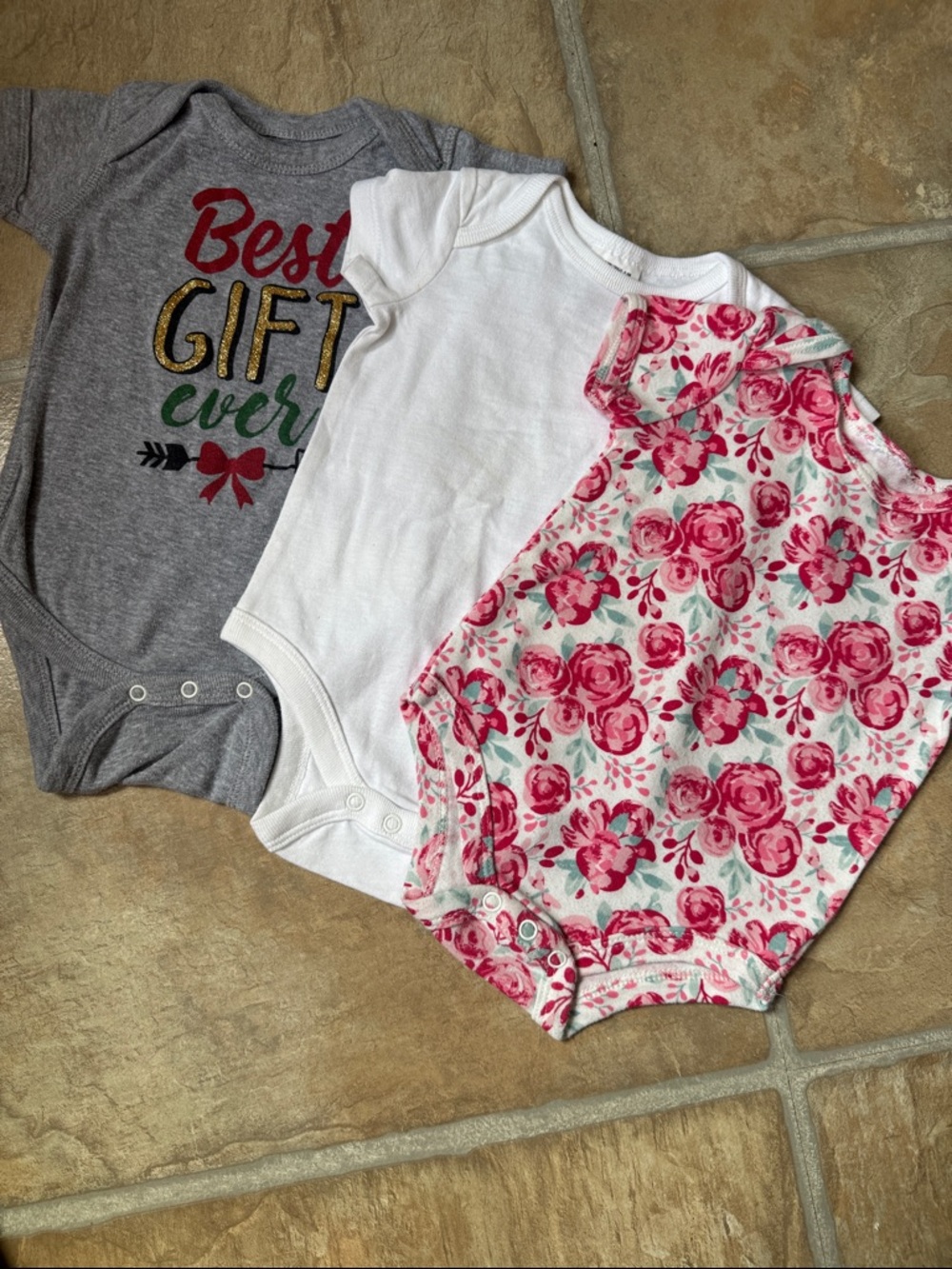 Baby Girl Onesie Bodysuit Trio - Pink, White, Gray Holiday Gift - 0-3 month size